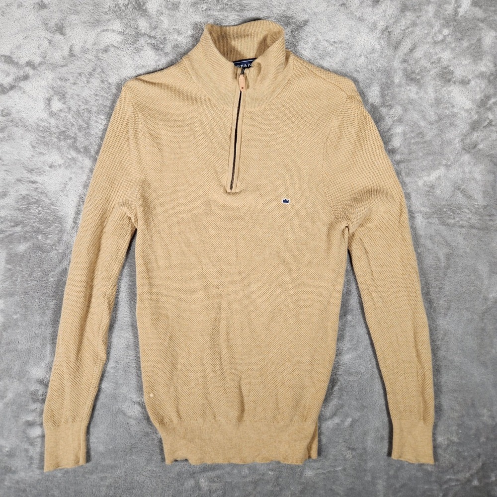 Crown & Ivy Quarter Zip‎ Sweater Mens Small Tan Excellent Cotton Wool Blend Knit